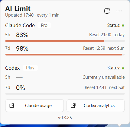 AI Limit Windows quota panel showing Claude Code and Codex quota percentages