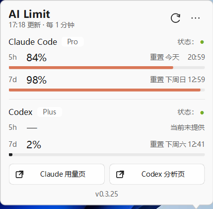 AI Limit Windows 额度面板，展示 Claude Code 和 Codex 的额度百分比